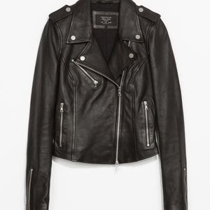 Zara ribbed moto leather motorcycle leather black jacket RUNS SMALL please read